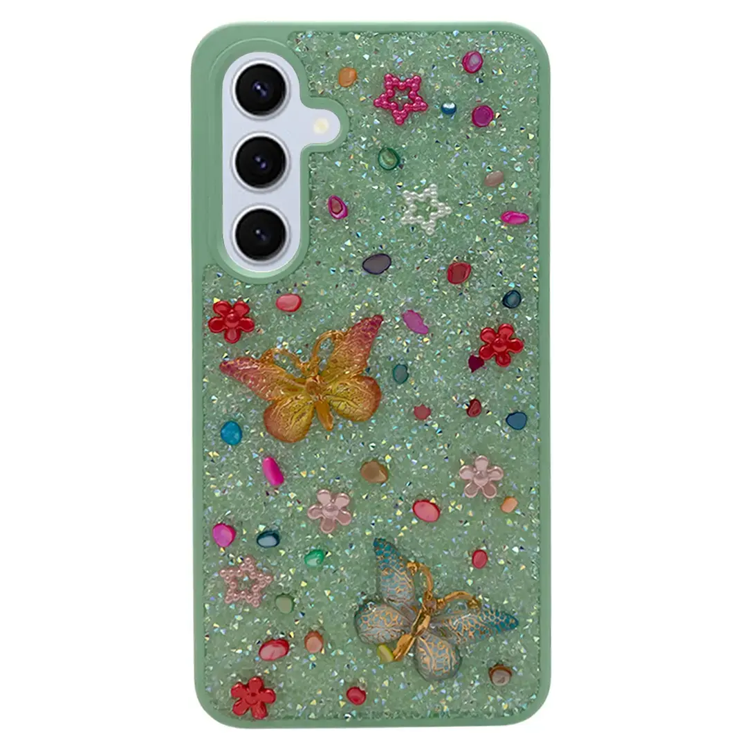 Samsung Galaxy S24 FE Butterfly and Diamond Bling Case Green